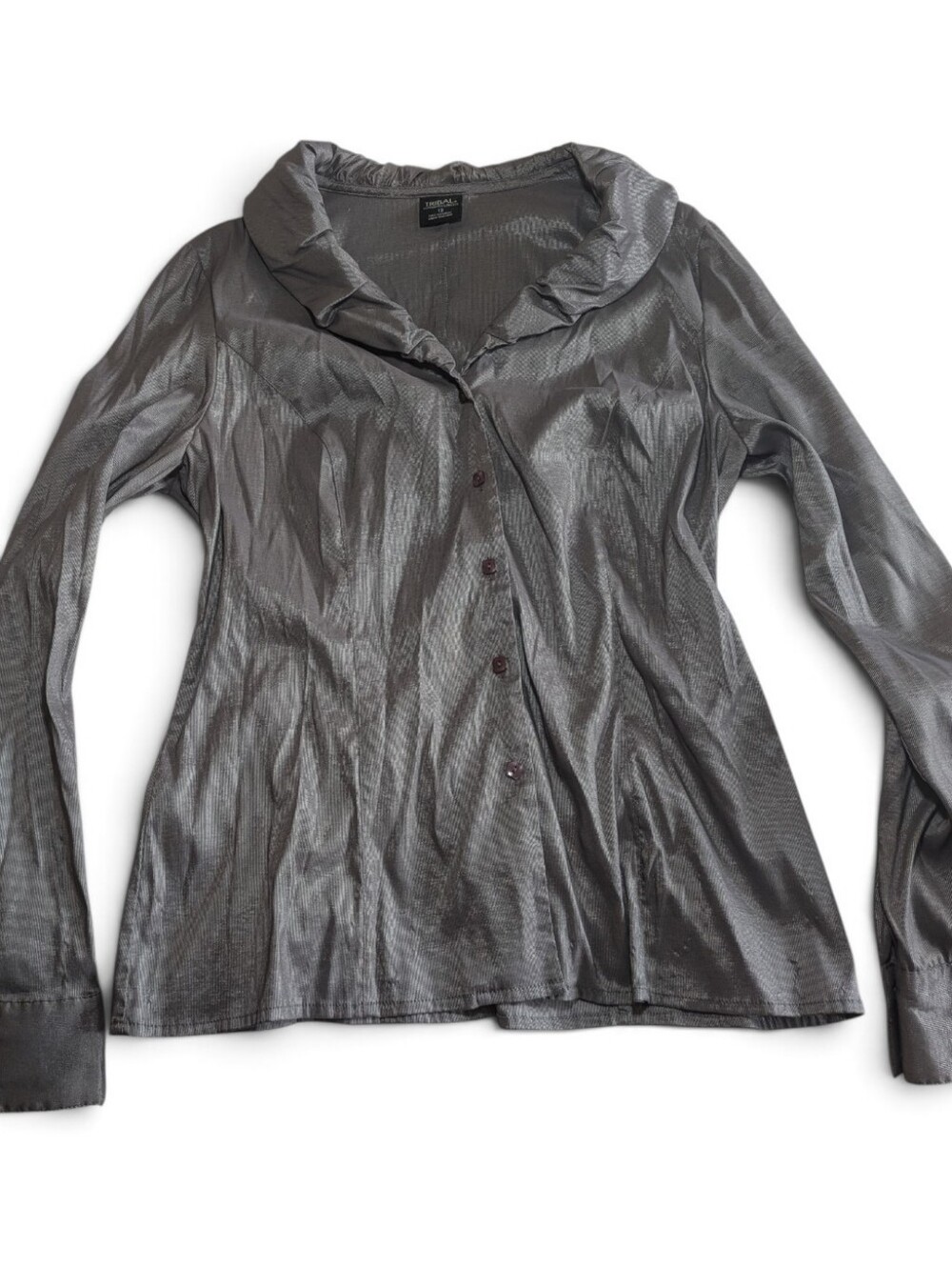 Tribal Gunmetal Metallic Shimmer Ruffle Portrait Collar Blouse Office Siren 12